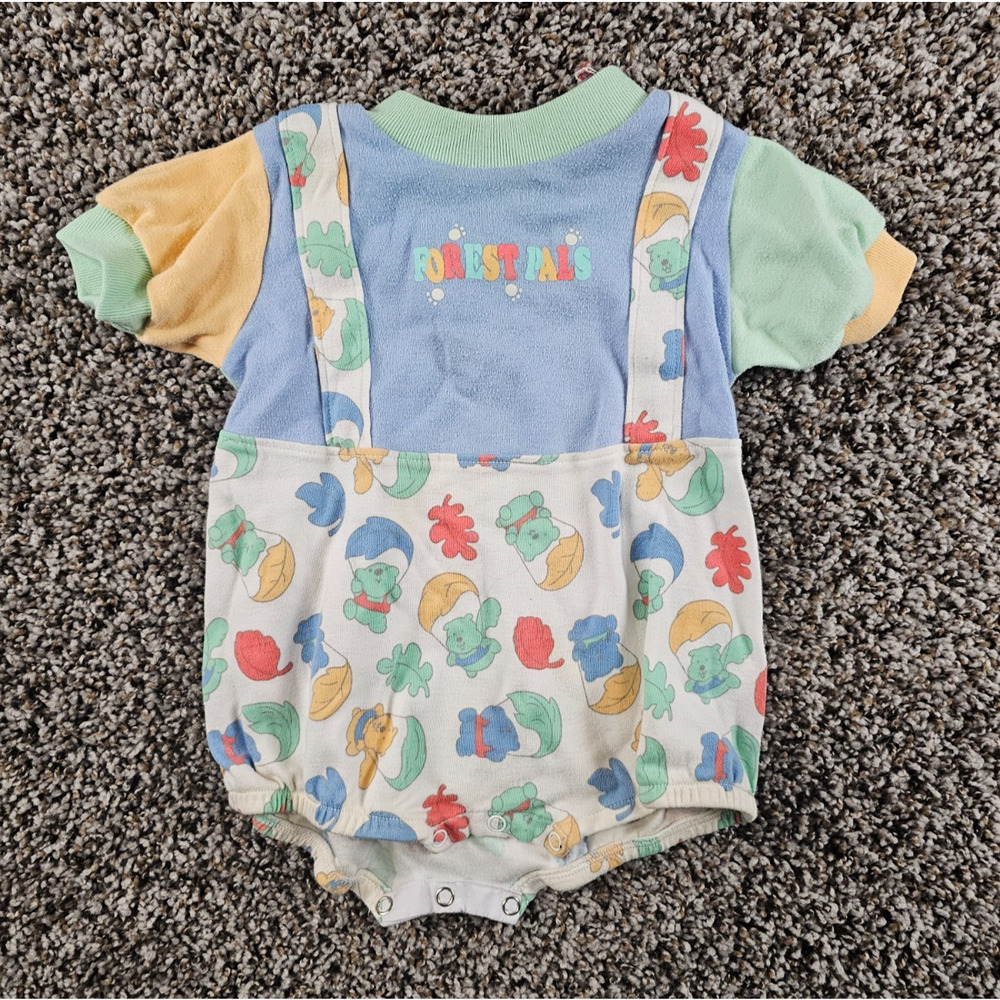 Vtg 1980s Doe Spun Baby Sz 6-9M Bubble Romper Pastel Forest Pals Animals